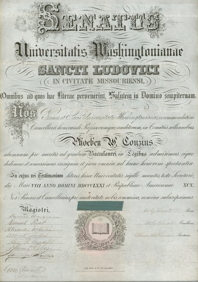 Diplom der Washington University von Phoebe Couzins, unterzeichnet von Präsident W.G. Eliot et al., 8. Mai 1871 von William Greenleaf Eliot